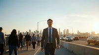 Confident businessman in suit walking on urban bridge at sunset with city skyline and crowd in background for corporate and professional content.