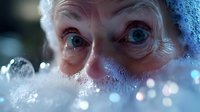 Close up portrait of senior woman with bright blue eyes and wrinkled skin in winter environment with frost and snow crystals creating magical bokeh effect.