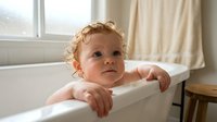 Adorable curly-haired toddler with blue eyes sitting in white bathtub during bath time, looking directly at camera in bright bathroom with natural window light.