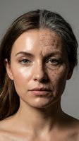 Split face portrait showing aging process with young and elderly skin comparison for skincare and anti-aging treatment concepts.