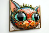 Colorful folk art style cat face with big green eyes and decorative patterns in coral and turquoise tones, mounted as wall decor piece on white background.