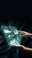 Businessman hands touching futuristic holographic dashboard with financial data charts and analytics graphs for business intelligence and data visualization.