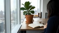 Rear view of a woman with dark hair, wearing a dark blue top, sitting at a desk by a floor-to-ceiling window overlooking a city skyline, with an open notebook and potted green plant beside her.