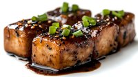 Grilled tofu steaks with teriyaki glaze and fresh green onions on white background. Plant-based protein meal for healthy vegetarian and vegan cooking.