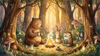 Cute woodland animals including bear, rabbit and owl gathered around campfire in enchanted forest clearing with warm golden sunlight filtering through trees.