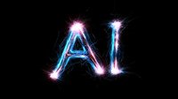 Glowing neon blue AI letters with electric sparks and light effects on black background, modern technology concept for artificial intelligence design.
