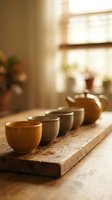 Ceramic tea cups and teapot arranged on rustic wooden board in warm sunlit kitchen interior for mindful morning ritual and relaxation.