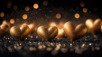 Golden heart shapes with glitter sparkles on dark background, romantic bokeh lights. Perfect for Valentine's Day, love, wedding, and celebration designs.