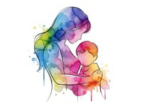 Watercolor silhouette of mother holding baby in tender embrace with vibrant rainbow colors and artistic paint drips on white background.