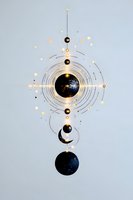 Mystical lunar phases aligned vertically with golden orbital rings, stars and cosmic elements on light background. Spiritual celestial art for meditation spaces.