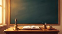 Wooden desk with open book, bell, and pencil holder in front of chalkboard near window, suitable for education and learning concepts.