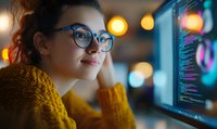 Young woman in yellow sweater and glasses working on computer code at night, with colorful programming interface and bokeh lights in background.