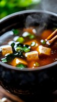 Steaming miso soup with tofu cubes, seaweed and green onions in black ceramic bowl, chopsticks, close up shot with selective focus and natural light.