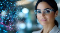 Professional woman scientist wearing safety glasses analyzing digital network data visualization with glowing blue connections in modern laboratory environment.