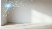 Empty room interior with magical light effects and sparkling particles on wall corner, wooden floor, minimalist space for product display or meditation.