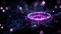 Glowing purple energy ring with radiating light waves and bokeh effects on dark background creates magical atmospheric composition.