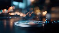 Close-up of holographic stock market chart floating above circular platform with blurred city lights and financial data visualization in background for trading concepts.