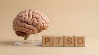 Anatomical brain model beside wooden blocks spelling PTSD on beige background, representing post-traumatic stress disorder awareness and mental health.