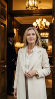 Confident mature blonde businesswoman in elegant beige coat standing in luxury hotel lobby with warm lighting and chandeliers for corporate hospitality concepts.