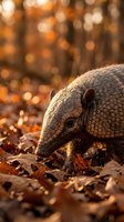Armadillo foraging among autumn leaves with warm golden bokeh light filtering through forest creating peaceful wildlife scene for nature photography.