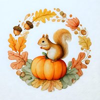 Watercolor autumn wreath with cute squirrel sitting on orange pumpkin surrounded by fall leaves, acorns and seasonal elements on white background.
