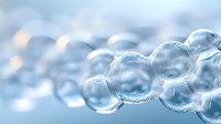 Transparent glass spheres connected in chain formation with soft blue tones and bokeh effect in background, showing molecular or scientific concept.