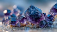 Raw amethyst crystal cluster with purple and blue hues on sparkling mineral base, showcasing natural geometric formations in macro photography.