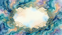Elegant gold ornate frame on watercolor background in teal, purple and peach tones with swirling clouds, copy space for text.