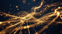 Golden flowing light trails with sparkling particles create dynamic energy waves against dark background for technology and motion graphics projects.