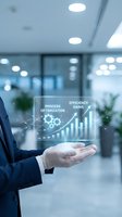 Business professional displaying holographic process optimization and efficiency gains chart with growth analytics in modern office environment.