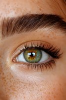 Close-up of green eye with long eyelashes and natural freckles on fair skin, showing detailed iris pattern and delicate facial features in warm lighting.