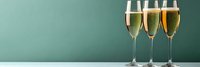 Three elegant champagne flutes filled with sparkling wine against minimalist teal background for celebration events and luxury lifestyle concepts.