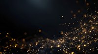 Golden network of connected dots and lines on dark background with glowing particles creating abstract digital constellation effect.