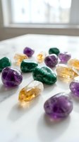 Collection of polished gemstones including amethyst, malachite and citrine crystals arranged on white marble surface for healing and meditation practices.