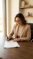 Professional businesswoman in beige suit signing contract documents at modern office desk with warm natural lighting and minimalist decor.