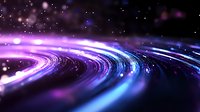 Glowing spiral light trails with purple and blue neon colors against dark background create dynamic motion effect with bokeh particles and starry elements.
