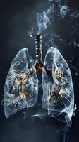 Transparent lungs with burning cigarette and smoke flowing through airways, illustrating smoking damage and respiratory health risks for medical education.