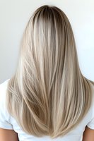 Back view of long straight ash blonde hair with subtle highlights and layered cut, showcasing modern balayage coloring technique on white background.