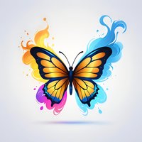 Artistic monarch butterfly with wings made of vibrant orange and blue paint splashes against light background, creating dynamic contrast and flowing motion effect.