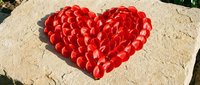 Red rose petals arranged in heart shape on stone surface for romantic Valentine's Day celebration and love concept decoration.