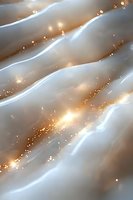 Flowing white waves with golden sparkles and light effects on abstract background create luxurious ethereal atmosphere for elegant design projects.