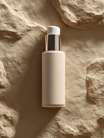 Elegant cosmetic bottle on textured stone background in warm beige tones. Minimalist beauty product photography for skincare and luxury cosmetics marketing.