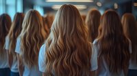 Women with long wavy hair in white shirts standing in line, view from behind. Soft blue tinted lighting creates dreamy atmosphere in corridor setting.