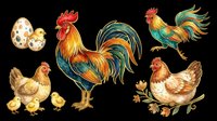 Rooster, hen, and chick illustrations isolated on transparent background. Ready for t-shirt design, clipart, stickers, print-on-demand products, and sublimation projects.