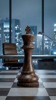 Wooden chess queen piece positioned on chessboard in modern office with city skyline view through floor-to-ceiling windows, symbolizing strategy, leadership, and business success.