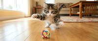Tabby kitten playing with colorful toy ball on wooden floor in bright living room with furniture and window light.
