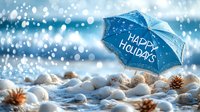 Blue umbrella with Happy Holidays message on snowy ground with pine cones and bokeh lights background creates magical winter seasonal greeting atmosphere.
