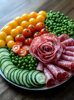 Appetizing charcuterie board with salami rose, fresh vegetables including sliced cucumbers, yellow and red cherry tomatoes, and green peas arranged artfully on plate.