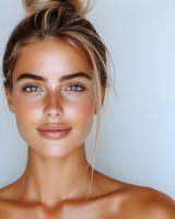 Close up portrait of young Caucasian woman with natural freckles, blue eyes, and blonde hair in messy bun against light background. Fresh glowing skin and minimal makeup.