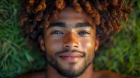 Young African American man with natural curly hair smiling while lying on grass in sunlight, expressing joy and contentment with warm golden hour lighting.